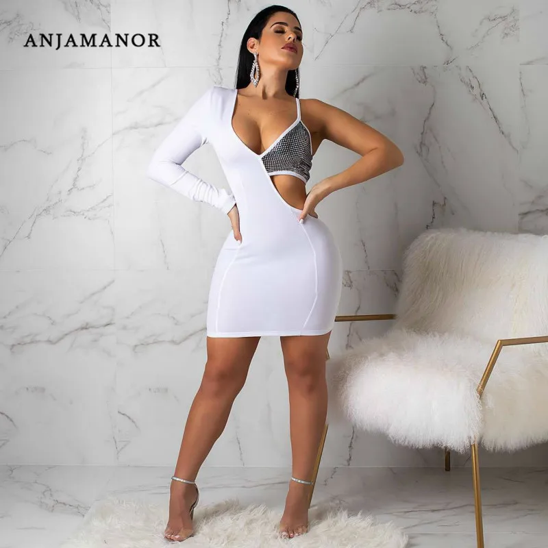 ANJAMANOR блесток сплайсированные белые сексуальные Bodycon платье одно плечо выдалбливают короткое Бандажное платье женские вечерние ночной клуб D91-AA82