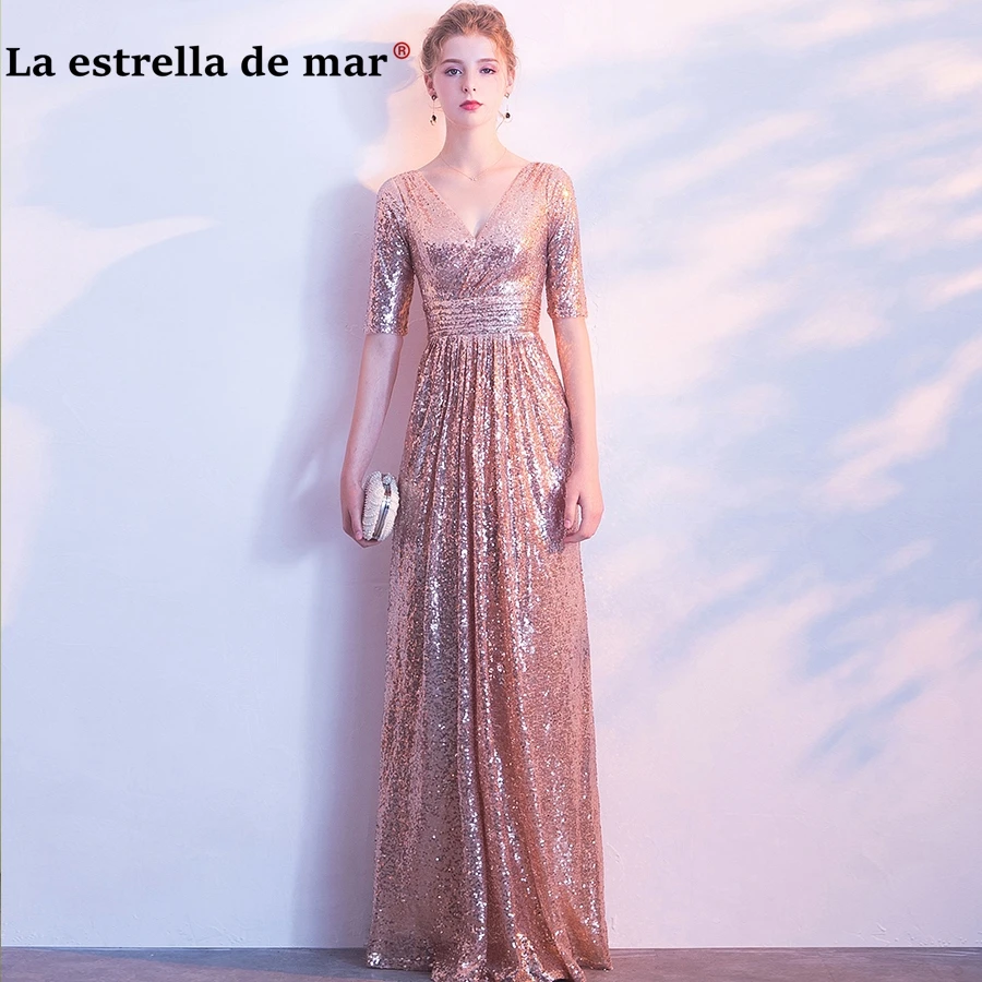 

vestido de madrinha de casamento longo 2019 New Sexy V Neck Half sleeve a Line rose gold champagne gold black bridesmaid dresses