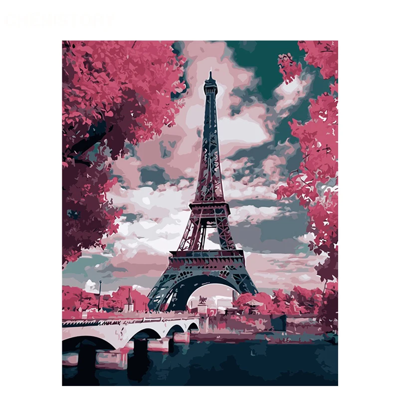 

Painting By Numbers DIY Dropshipping 40x50 50x65cm Pink beautiful Paris Landscape Canvas Wedding Decoration Art picture Gift