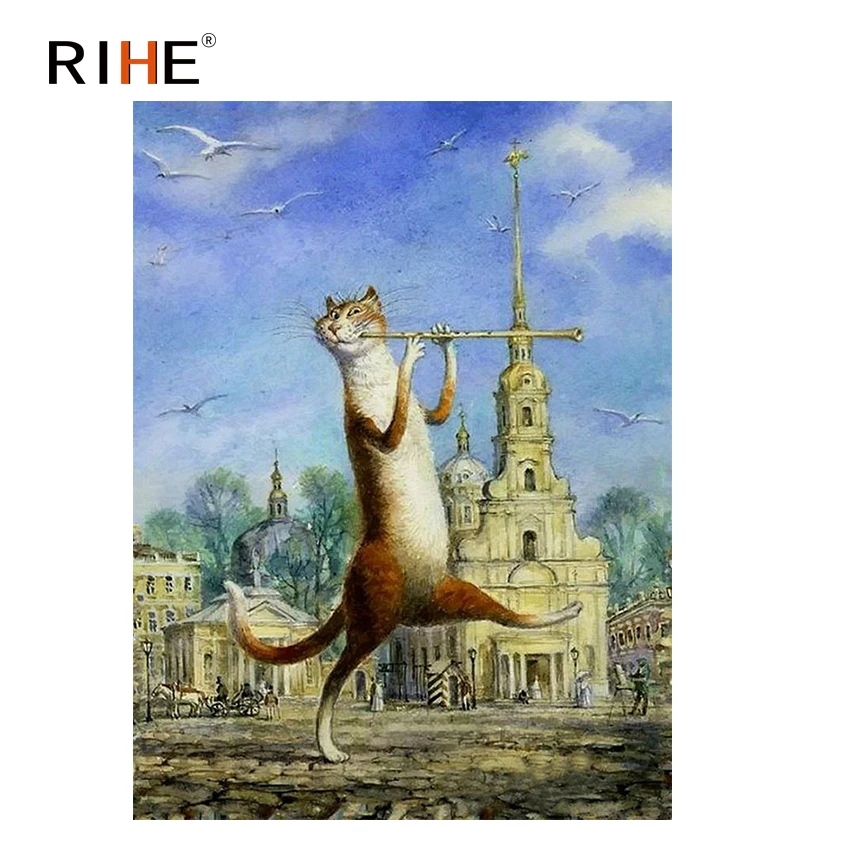 

RIHE Flute Cat Diy Painting By Numbers Animal Music Oil Painting On Canvas Hand Painted Cuadros Decoracion Acrylic Paint 40X50CM
