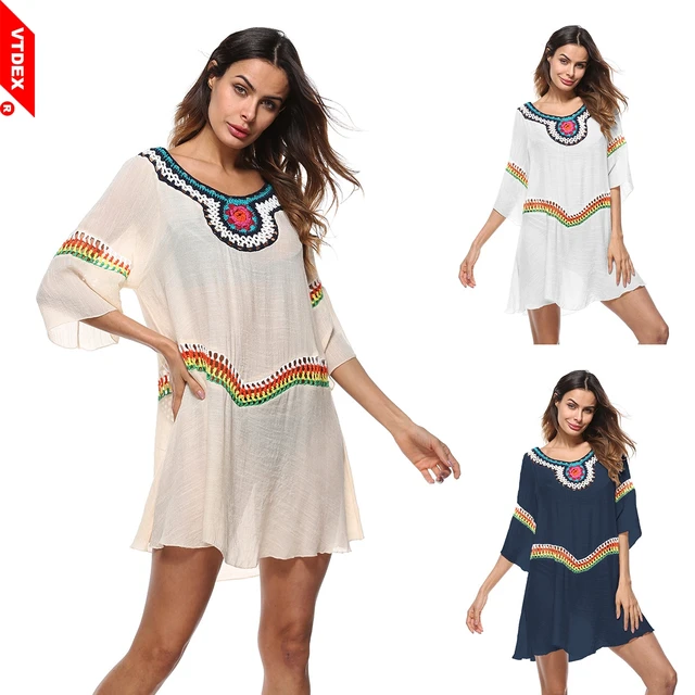 2018 Loose Beach Dress VTDEX Women Sun Protection Swimwear Shirts Embroidered O-Neck Soft Lady Cover Up De Plage Beach Cardigan