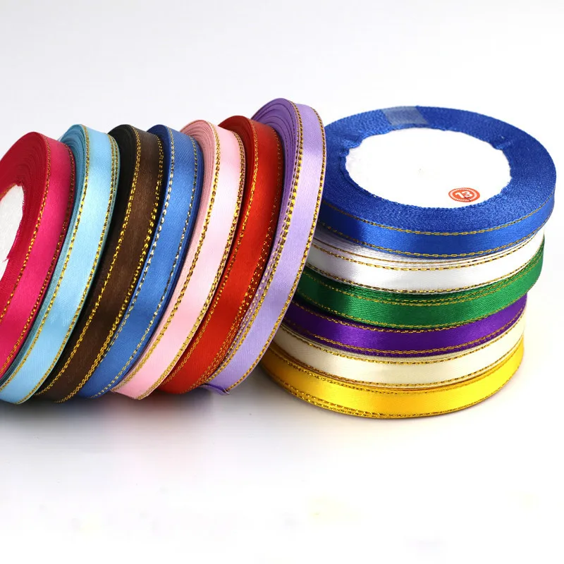 25 Yards/roll 10mm Gold Edge Satin Ribbons Christmas Halloween Wedding