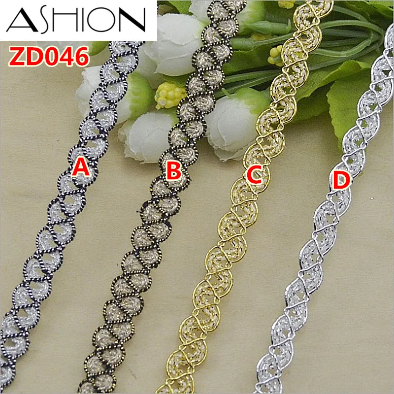 

Width 10mm gold silver mixing color polyester corrugated braided lash Crochet ribbon lace trim with edge ZD046