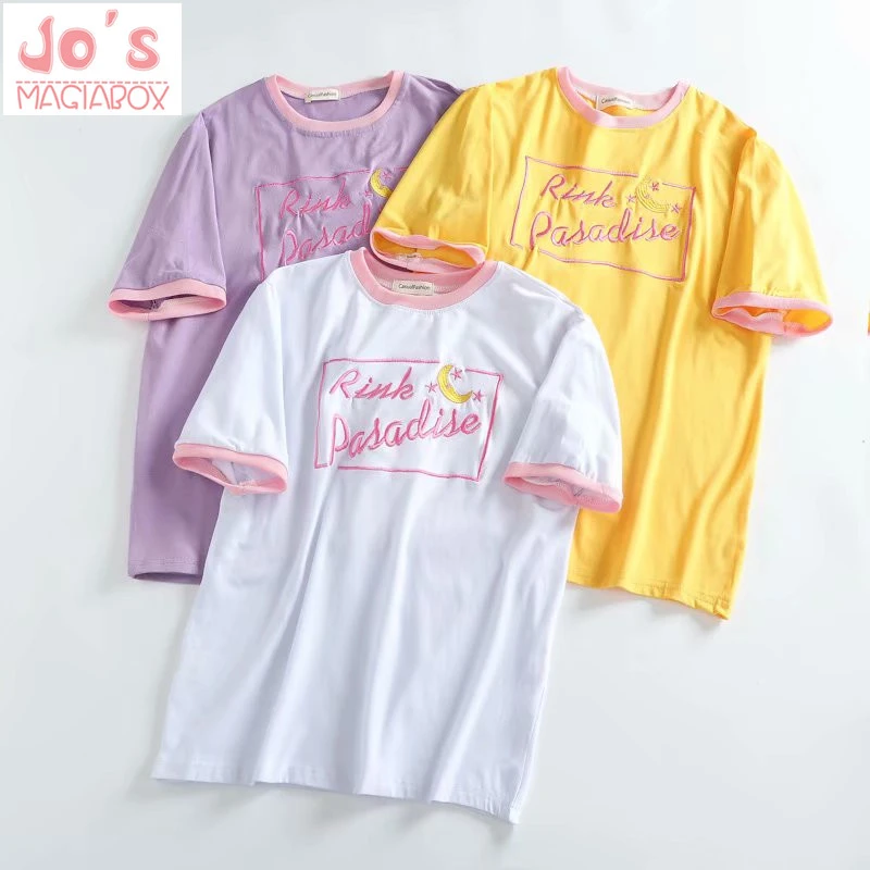 かわいい Tシャツムーン Tシャツ韓国オル原宿日本の甘い姉妹ムーン刺繍戦い学生女の子 Tシャツ T Shirts Aliexpress
