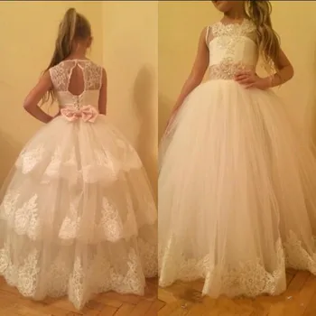 

Classic Robe De Soriee For Little Girls Lace Up Back Puffy Tulle Flower Girl Dress For Wedding with Bow Belt Crystal Custom Made