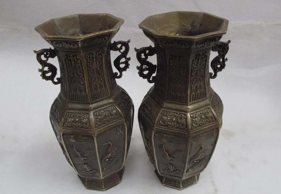 

9 Chinese Brass copper Dragon play bead eagle red -crowned crane fish vase jar