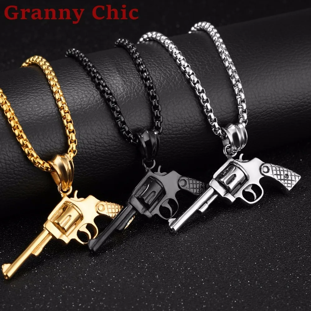 

Granny Chic Punk Cowboy Silver Gold Black Revolver Pistol Gun Pendants Necklace 60CM Titanium Stainless Steel Necklace for Men's