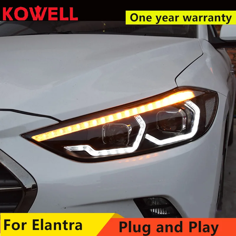 KOWELL автомобильный Стайлинг для- фары для автомобиля Hyundai Elantra СВЕТОДИОДНЫЙ Фонарь СВЕТОДИОДНЫЙ DRL+ сигнал поворота Биксеноновые линзы Высокий Низкий Луч