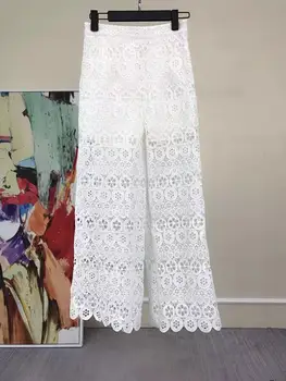 

Women White Lace Wide Leg Hollow Out Flower Long Pants 2019 New