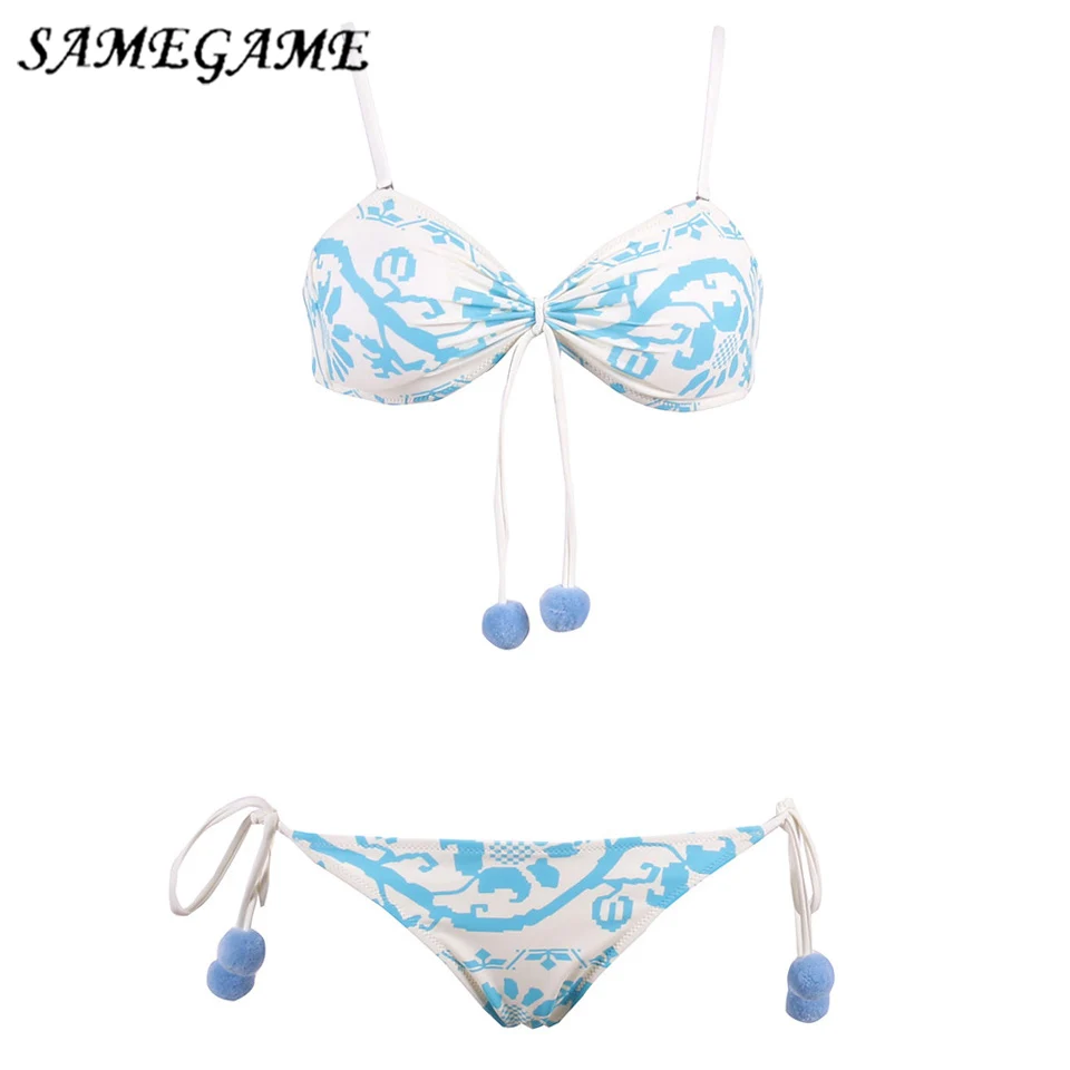 

SAMEGAME 2019 Push Up New Arrival Print Swimwear Women Swimsuit Summer Swimming Bikini Set Beach Bathing Suits White And Blue