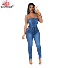 BALIWEISA горячий модный топ дизайн пикантные стиль для женщин деним комбинезоны для Твердые бретелек Slash средства ухода за кожей