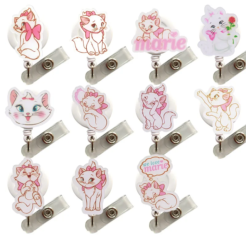 

50 pcs/lot Acrylic Marie Cat Retractable Badge Reel Pull ID Card Badge Holder Belt Clip Hospital School Gift K135