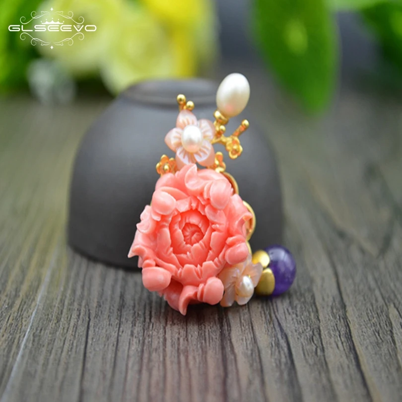 

XlentAg Natural Fresh Water Pearl Coral Flower Brooch Amethyst Brooches For Women Accessories Dual Use Luxury Jewellery GO0104