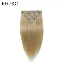 Rechoo Brazilian Straight Machine Made Remy Hair Clip In Human Hair Extensions 100% Human Hair #613 light Blonde Color Clip Ins