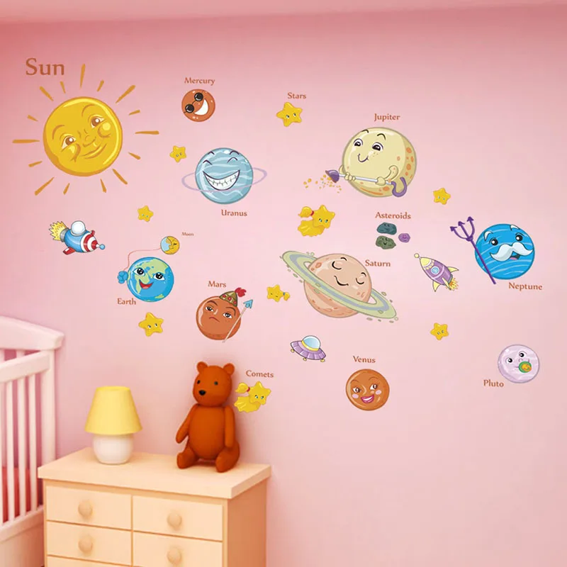 Красивые настенные наклейки на солнечной системе для детской комнаты, Декорации для космоса, планеты, домашний декор, настенные наклейки, сделай сам, художественные наклейки