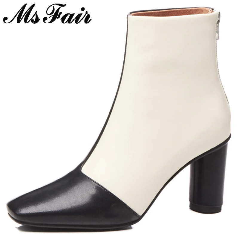 

MSFAIR Women Boots 2018 Fashion Mixed Color Ankle Boots Women Shoes Square Toe High Heel Boot Shoes Square Heels Boots For Girl