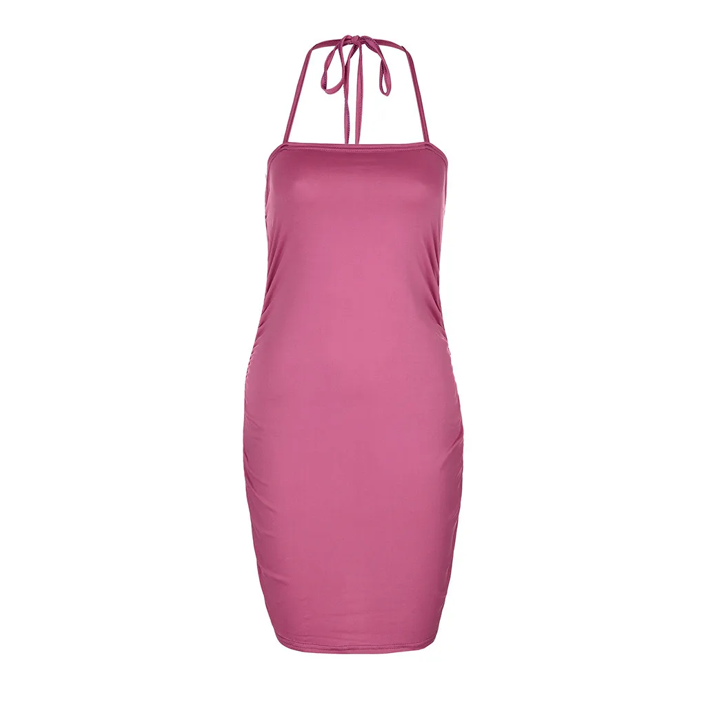2019 Hot Sale Women s Ladies Solid Sleeveless Halter Casual Mini Dress Summer Dress high quality W408