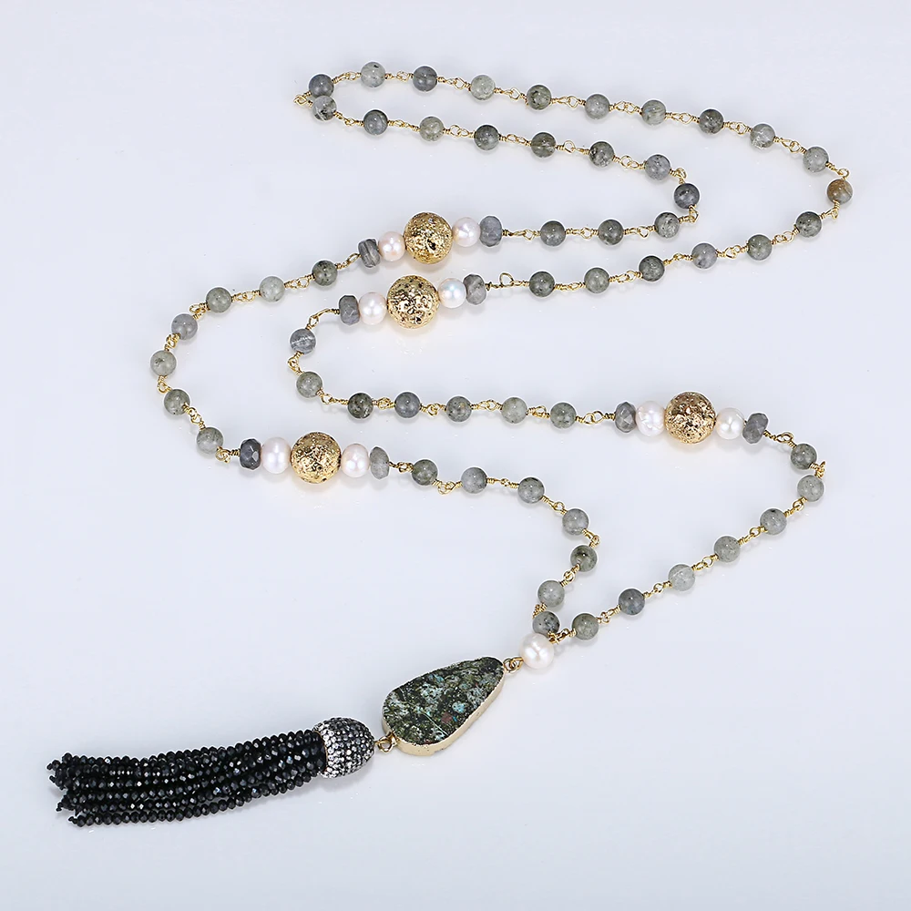 Ожерелье с цепочкой из Лабрадорита ручной работы золотое ожерелье из лавы с жемчугом из натурального камня длинное колье с кисточками для женщин