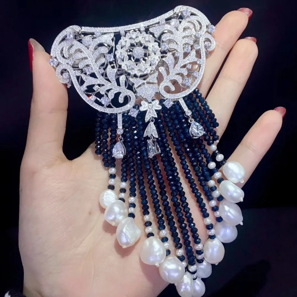 

hyperbole Victoria natural fresh water pearl brooch and jewelry lock double use long tassels dark blue color 925 silver