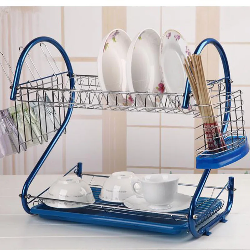 Urijk S-Shaped Dish Rack Set 2-Tier Chrome Drain Bowl Rack Storage Rack Stainless Steel Plate Dish Cutlery Cup Rack With Tray