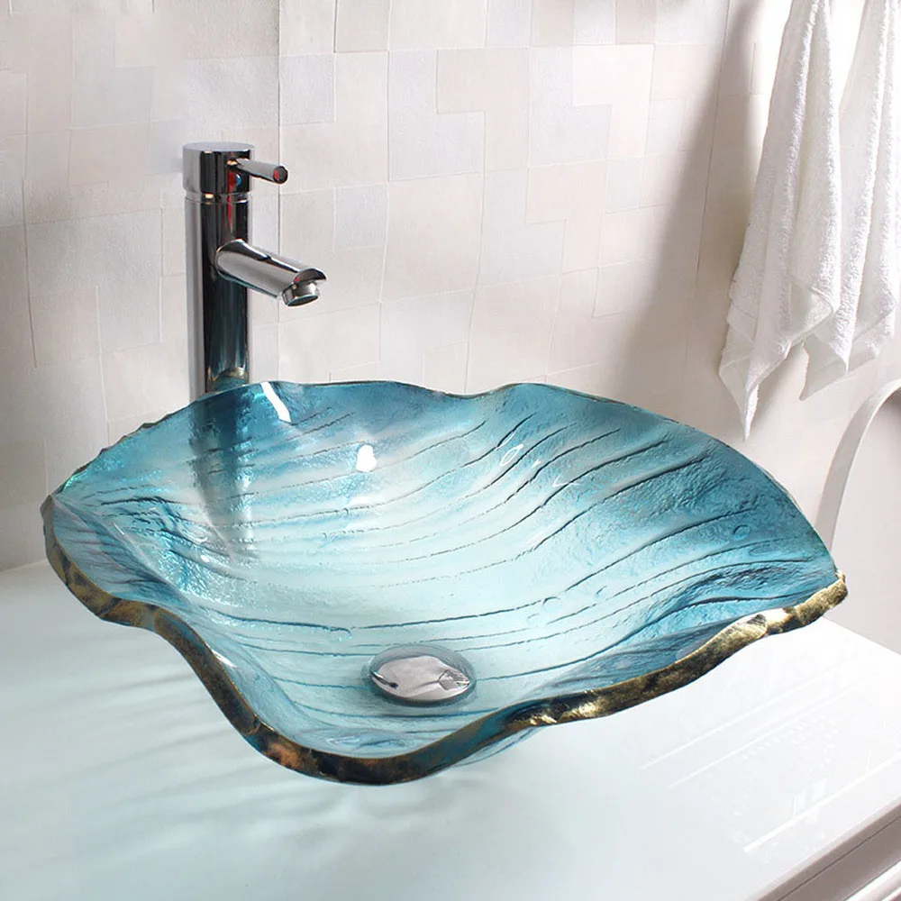 Mediterranean above counter basin separate washbasin blue shape art basin wash basin bathroom tempered glass LO612549 Mediterranean above counter basin separate washbasin blue shape art basin wash basin bathroom tempered glass LO612549