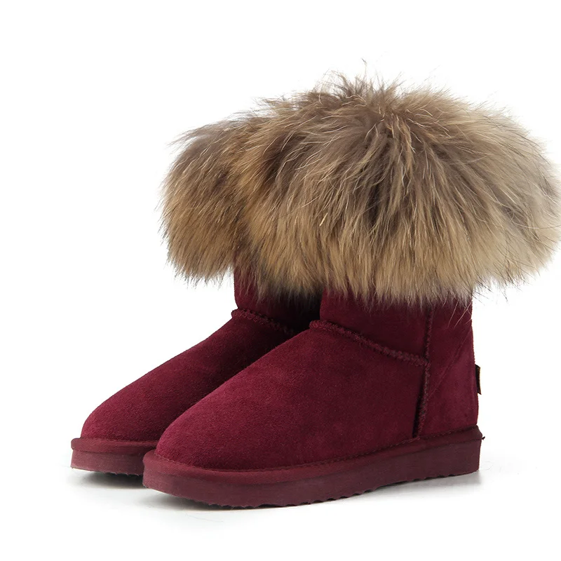 MBR FORCE Fashion Women's Natural Real fox Fur Snow Boots Genuine Cow Leather women Boots Female Warm Winter Boots Shoes - Цвет: Wine Red