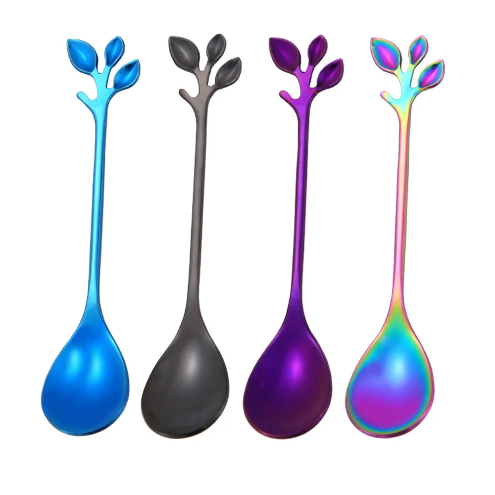 

Stainless Steel Spoon Small Fresh Branch Stirring Coffee Spoon Leaf Fruit Fork Titanium Colorful Plated Specialty Tableware *10