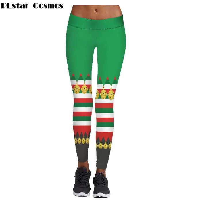 

PLstar Cosmos Fashion Christmas Leggings 3d Print Cosplay Trousers Red Green Stripes Sexy Pants Christmas Elf Women Bodycon