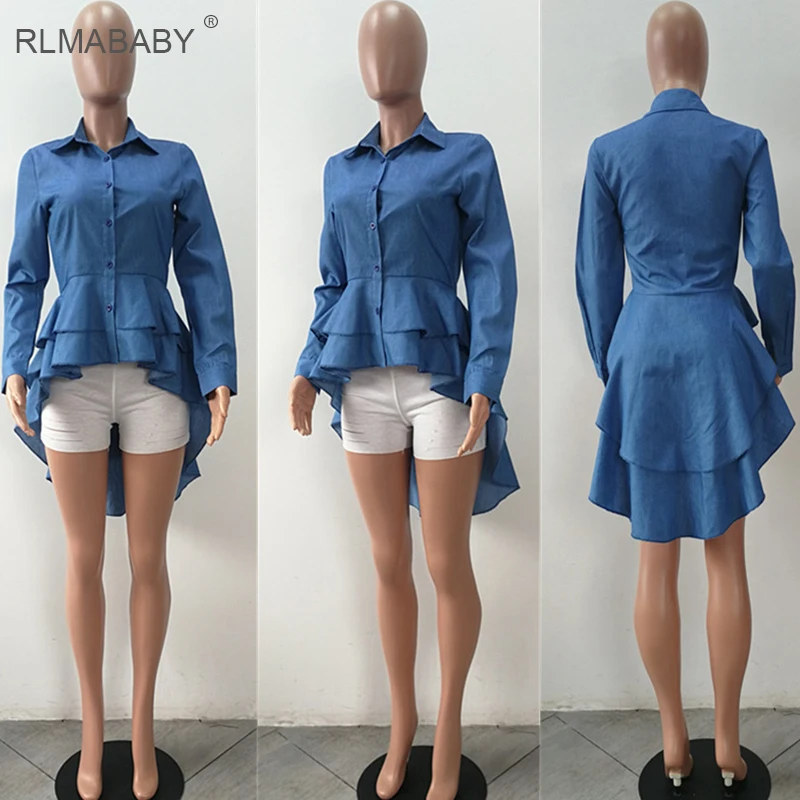 Rlmaaby Асимметричная Блузка с оборками, рубашка, сексуальный отложной воротник, длинный рукав, пуговицы, Женские топы и блузки размера плюс, летний топ