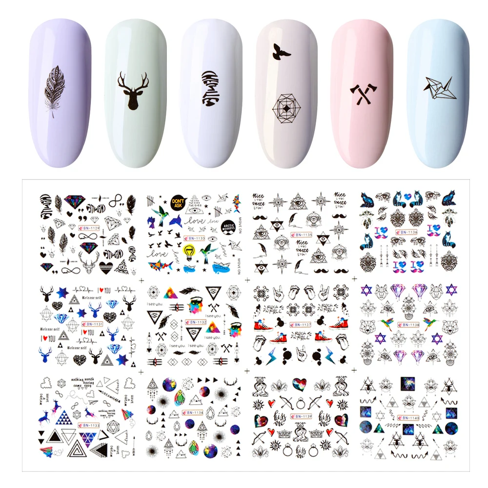 

12 Designs Water Transfer Nail Sticker Black Necklace Triangle Decals Slider for Manicure Geometric Nail Art Decoration Tips