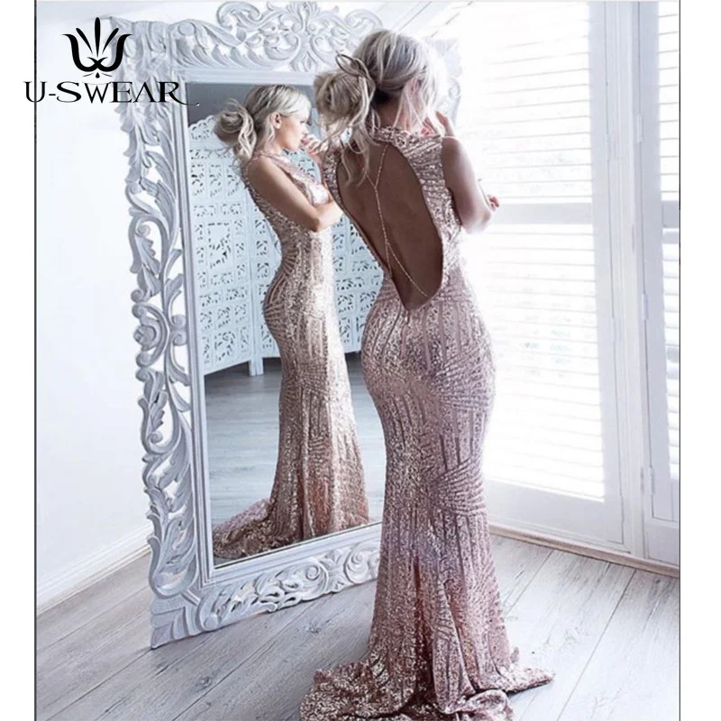 

U-SWEAR 2019 Sexy Backless O-Neck Sleeveless Evening Party Prom Formal Gowns Long Tail Sequin Dresses Vestidos Robe De Soiree