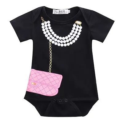 2016 New Cute Baby Girls Clothes 0-18M Infant Kids Clothing Summer Short Sleeve Fake Necklace Purse Little Girls Bodysuit