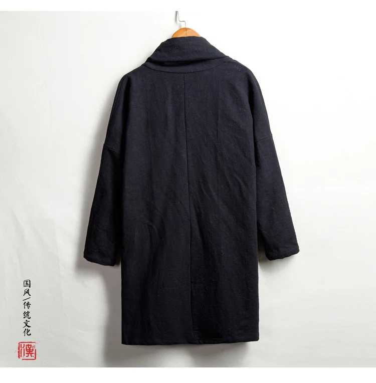 Для мужчин Высокое Качественный хлопок длинная куртка Китай Стиль Кунг Фу мужской пальто свободные кимоно кардиган