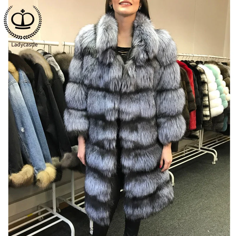 

Fashion Real Fur Coat 90CM Long New Winter Natural Sliver Fox Fur Jacket Genuine With Collar Warm Women's Fur Coat Luxury FC-100