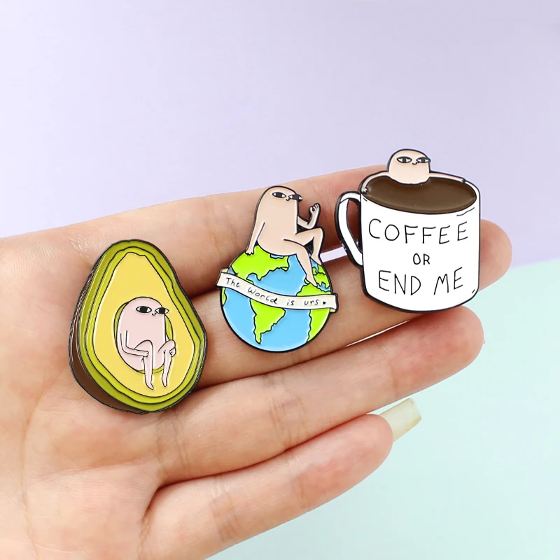 Ketnipz Meme Alloy Creative Pink Avocado Coffee "The World Is Urs" Globe Love Enamel Lapel Pins Brooch Badge Gift Jewelry