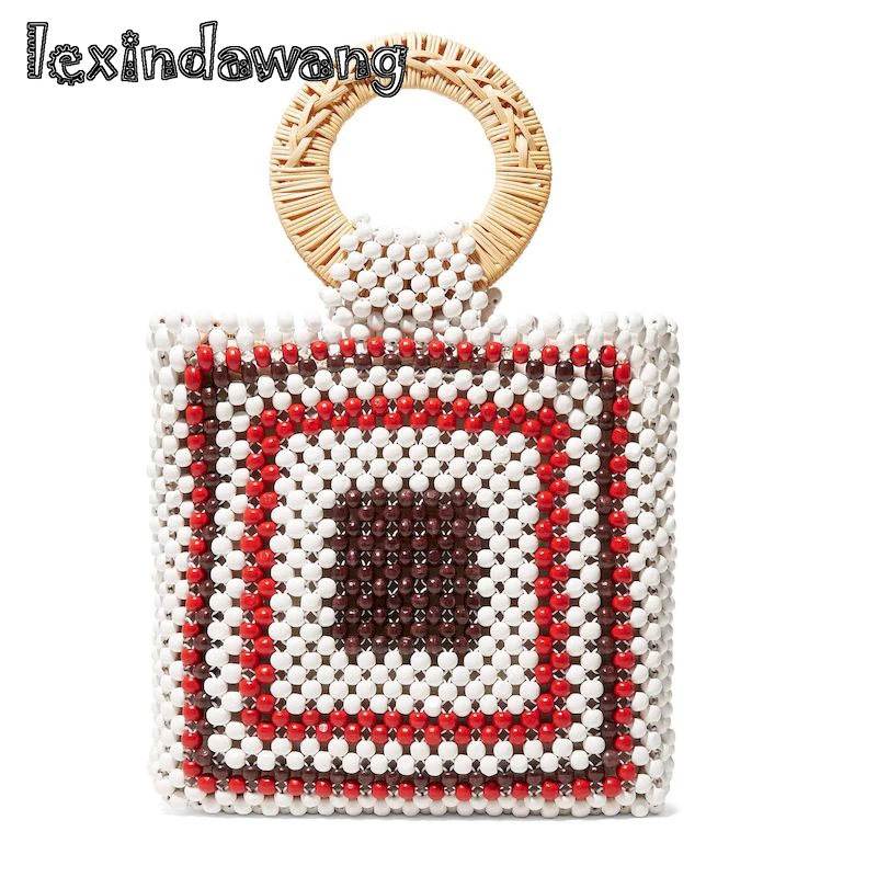 

Color Matching Wooden Beads Lady Handbags Rattan Hand-woven Tote Bag Holiday 2019 Beach Bags Chic Vintage Pochette Purses Large