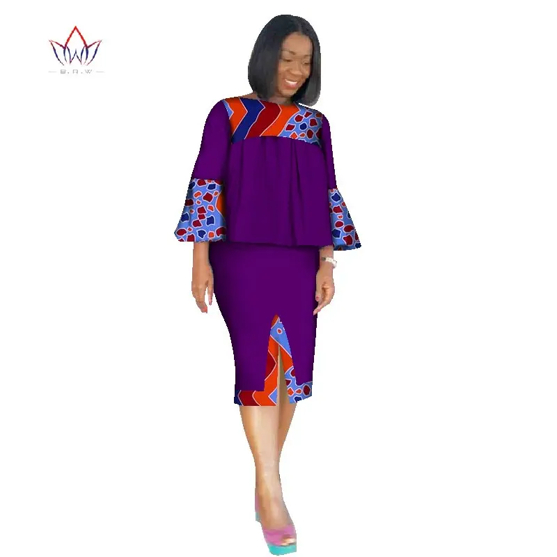 Африканская одежда для женщин Анкара комплект из двух предметов с длинными рукавами укороченные топы и юбка набор женщин Базен Riche африканская одежда 6XL WY2571