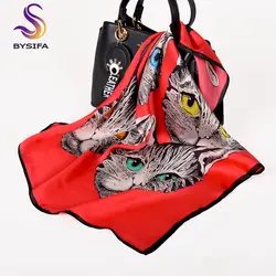 [BYSIFA] 2019 новый красный 100% шелковый шарф Для женщин мода кошки дизайн маленький мешок ленты небольшие Квадратные платки Весна-осень шейные