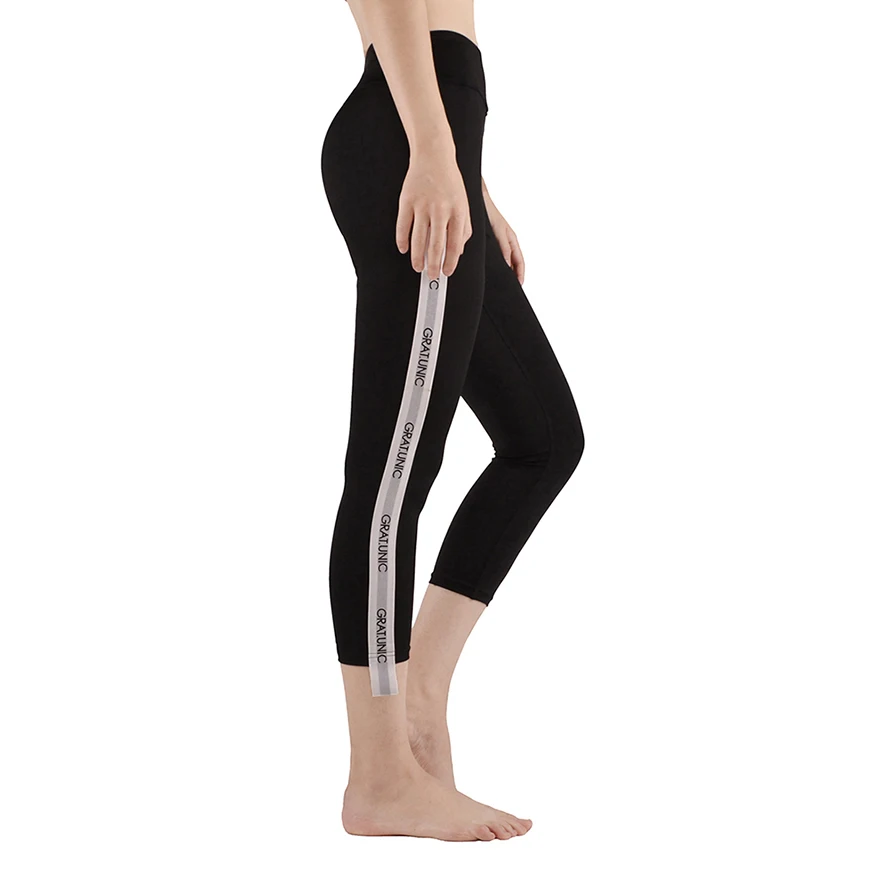 S170132 Black Calf Length Pants Waist Hip High Elastic Fitness Leggings