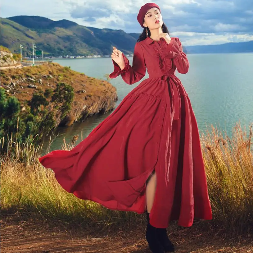 2018 Otoño y invierno nuevo vestido rojo retro PANA delgada literaria big swing largo femenino viaje holiday casual vestido - 2