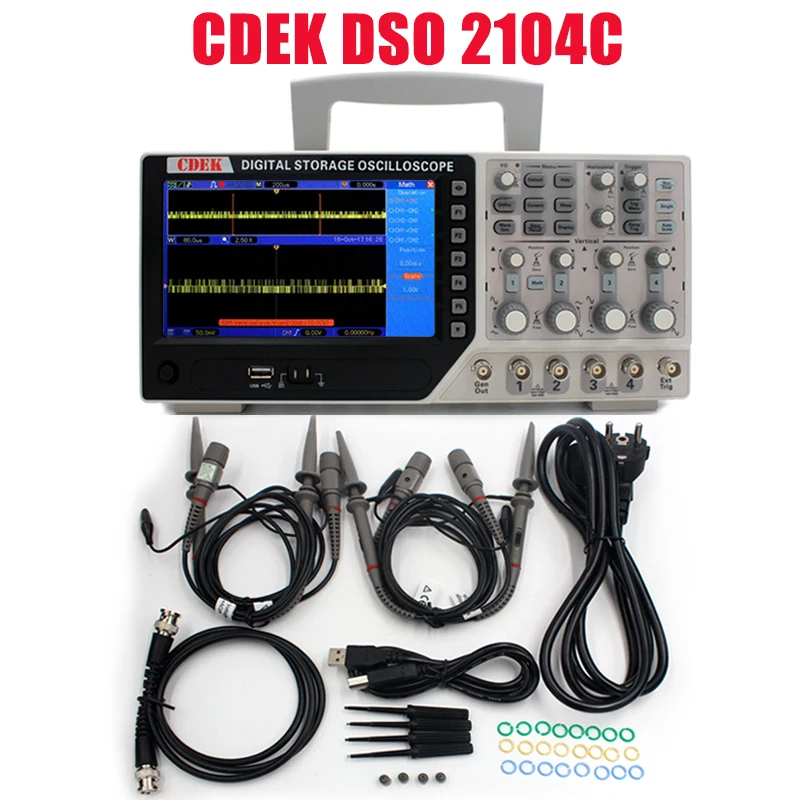 

CDEK DSO2104C 4 Channels 100Mhz Digital Storage Oscilloscope PC USB LCD Portable Auto Function Waveform Generator