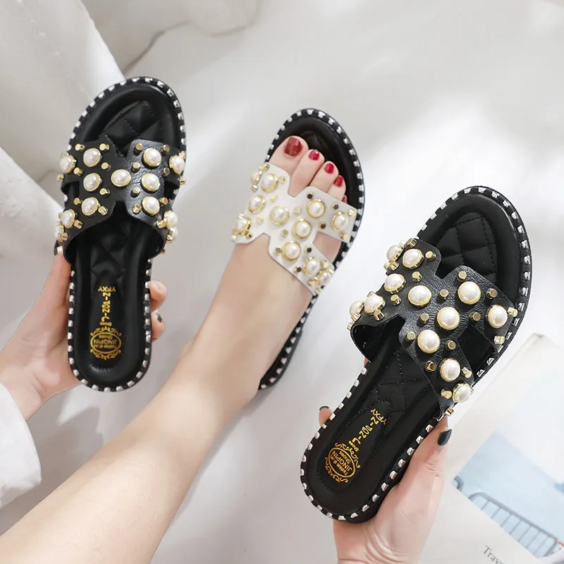 

Luxury brand OL new women summer slippers women Rivet pearl sandals women flip flops slippers indoor slip on flip flops