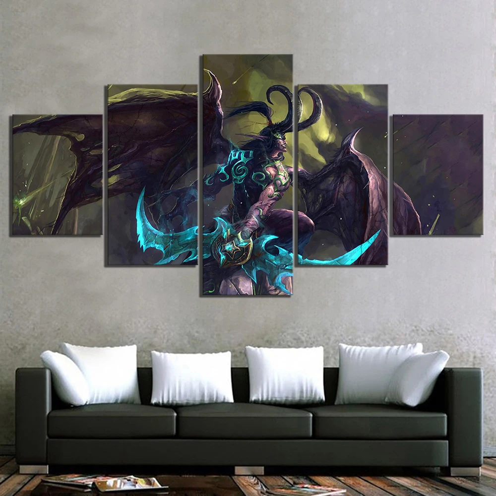 

Modular Canvas Prints Pictures Wall Art 5 Panel Illidan Stormrage World Of Warcraft Video Game Painting Home Decor Posters Frame