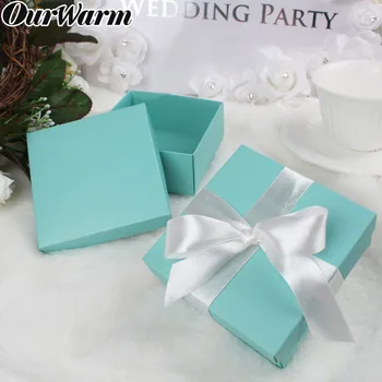

OurWarm 100pcs Wedding Favor Tiffany Candy Boxes Paperboard Jewelry Gift Case with Silk Ribbon European Style