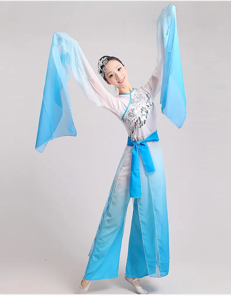 Classical new fashion long sleeves blue fairy clothing stage performance Chinese folk ink water sleeves dance costumes