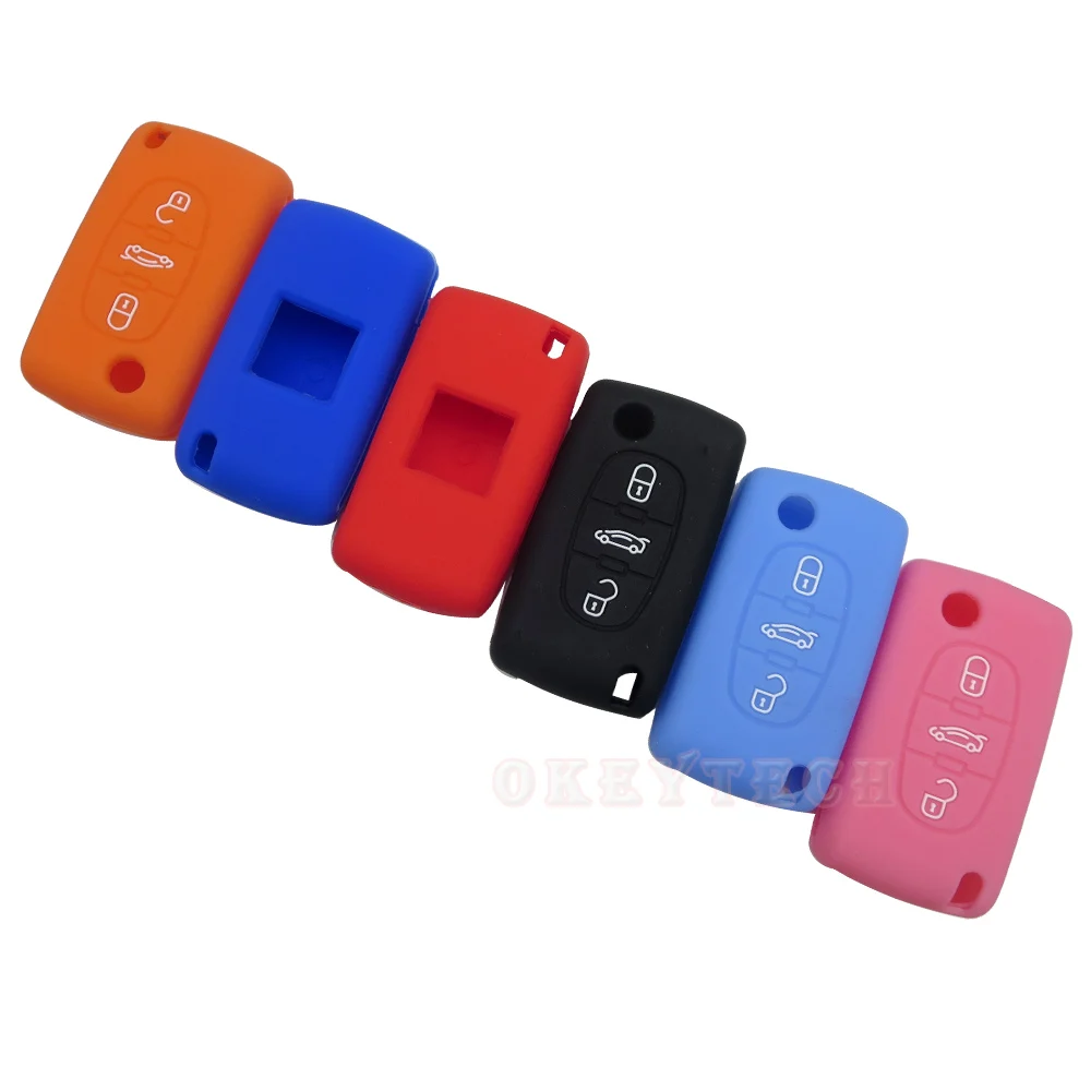 OkeyTech 3 Buttons Remote Silicone Key Case For Peugeot 207 407 407SW For Citroen C4 C5 C6 C8 Car Key Fob Cover Case 6 Colors