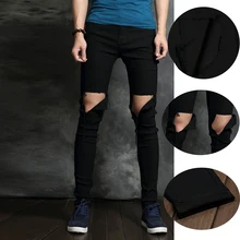 Колено разорвал джинсы панк slim fit эластичный черный мужские джинсы стрейч джинсы нищий длинные брюки плюс размер 27-36