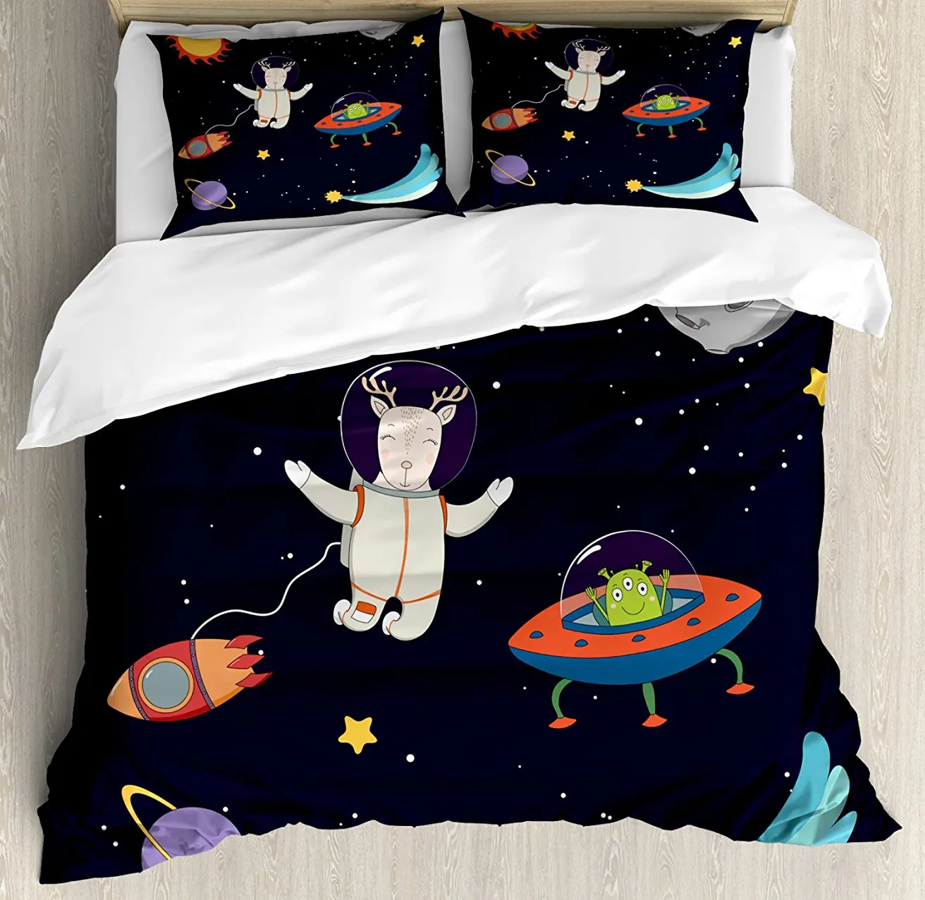 

Duvet Cover Set, Hand Drawn Deer Astronaut in Space with Sun Moon Shooting Star and Alien Planet, 4 Piece Bedding Set
