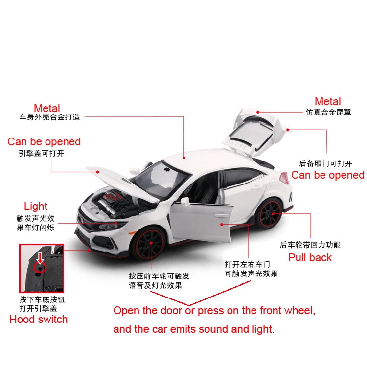Весы Honda Civic Type R 1/32 литой Сплав вытяните заднюю крышку автомобиля коллекционные