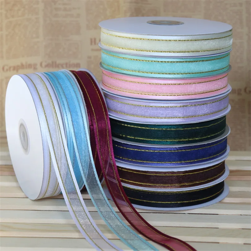 

50 yards/lot 15mm Wide Satin Organza Ribbons with Gold Edge as Christmas and New Year Gifts Flower Packing Fabric Decoration